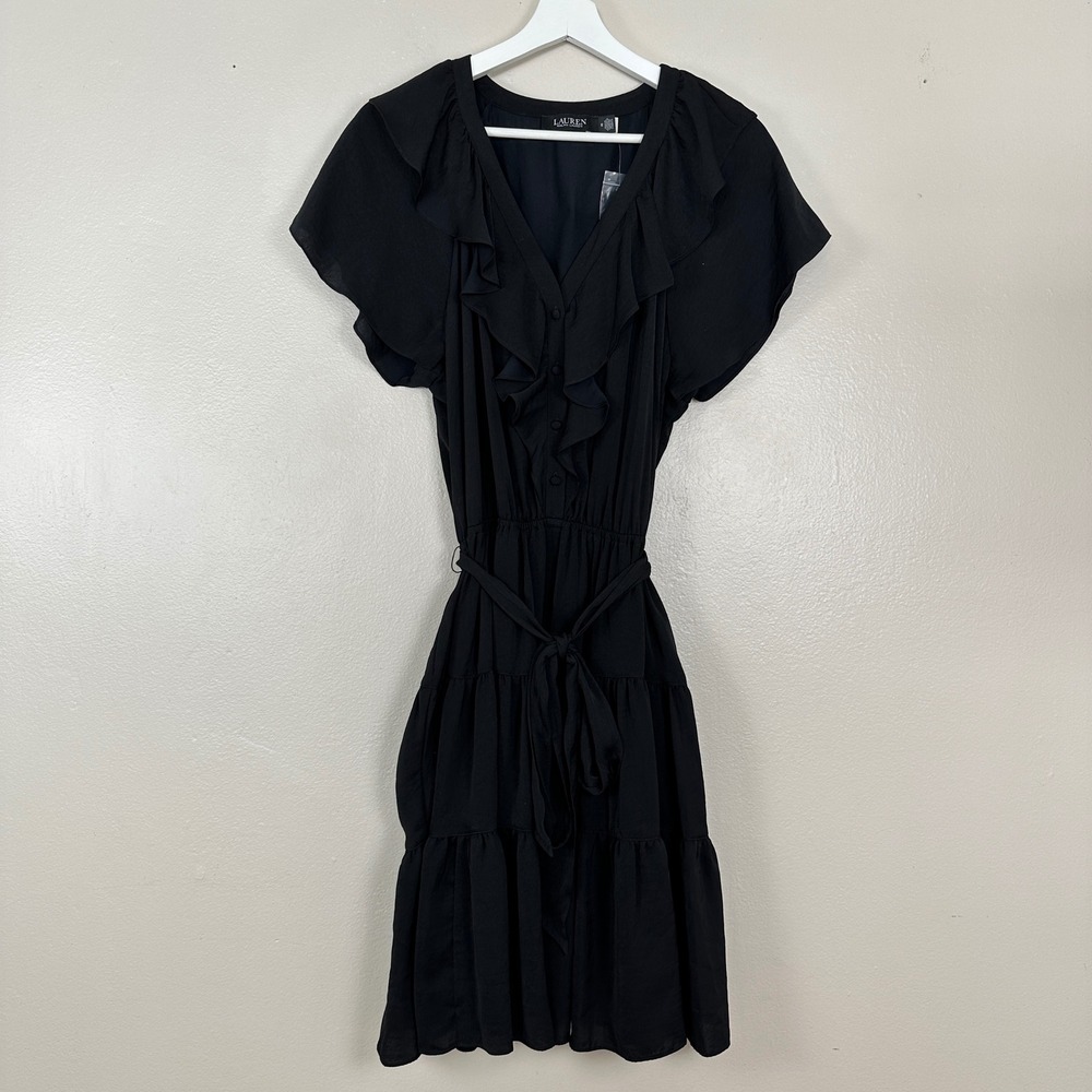 Lauren Ralph Lauren Womens 12 Tiered Ruffle Dress Black‎ V-Neck Belted SS NEW
